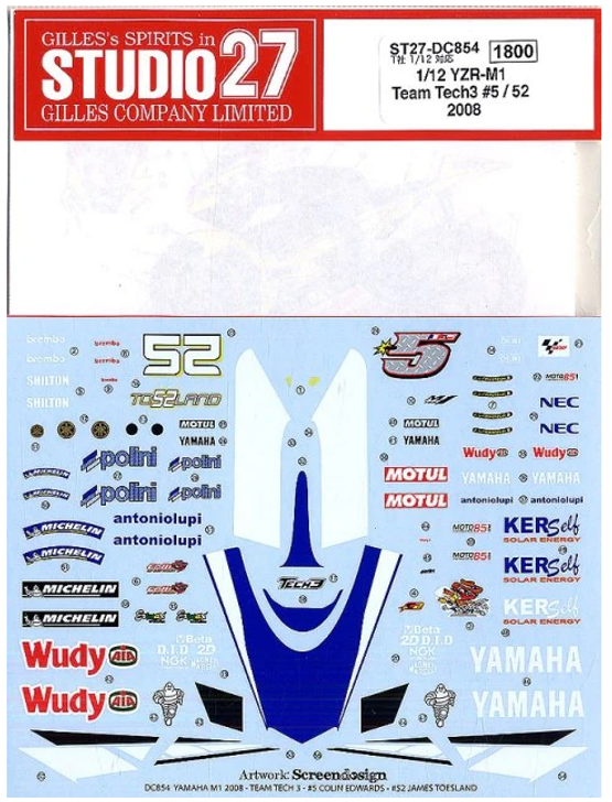 Studio27 1/12 Yamaha YZR-M1 Tech3  #5/52 2008 Decal