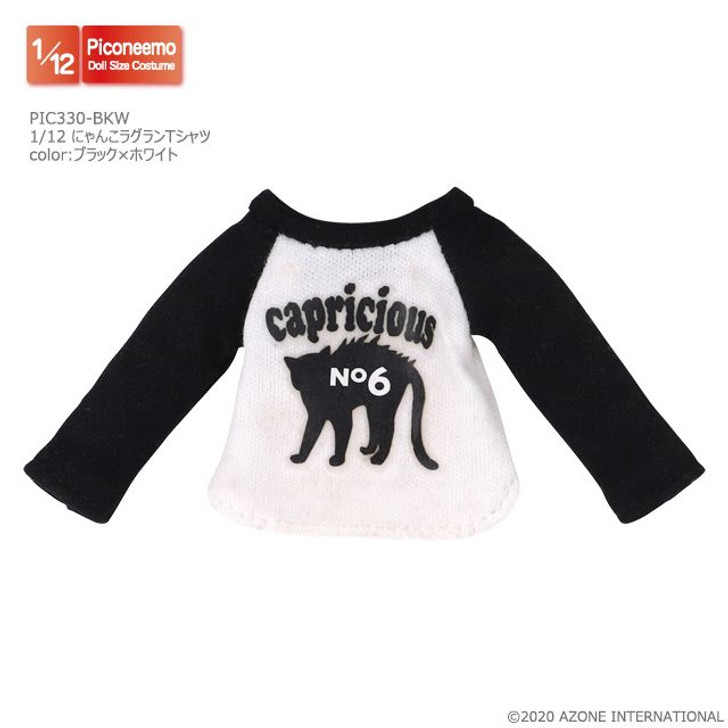Azone PIC330-BKW 1/12 Picco Neemo Kitty Cat Raglan T Shirt (Black & White)