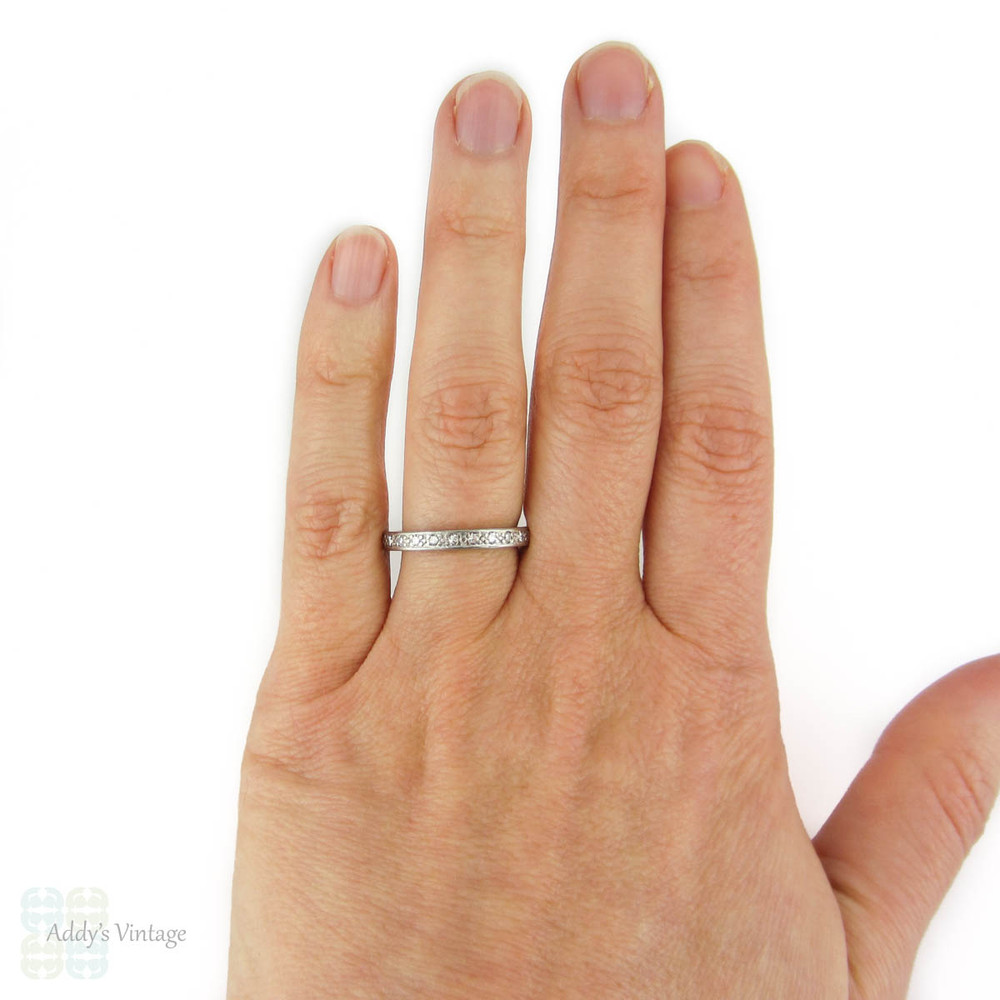 Platinum Art Deco Eternity Ring, Full Hoop Diamond Wedding Ring, Bead Set Diamonds in Platinum. Circa 1920s, Size O / 7.25.