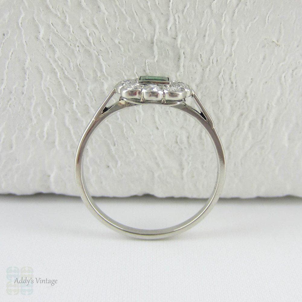 Art Deco Emerald & Diamond Engagement Ring, Platinum Set Deep Green Emerald in Diamond Halo, Circa 1930s.