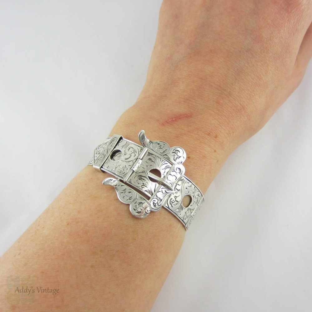 Victorian Sterling Silver Buckle Bracelet. Ornately Foliate Engraved Adjustable Hinged Bracelet, Circa 1800s.