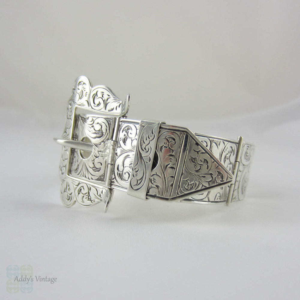 Victorian Sterling Silver Buckle Bracelet. Ornately Foliate Engraved Adjustable Hinged Bracelet, Circa 1800s.