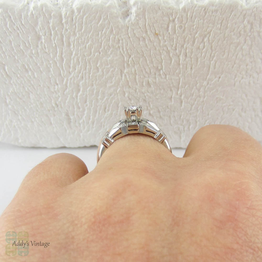 Art Deco Diamond Wedding Set in Platinum. Matching Vintage Engagement Ring & Wedding Band with Floral Forget Me Not Details, Circa 1930s.