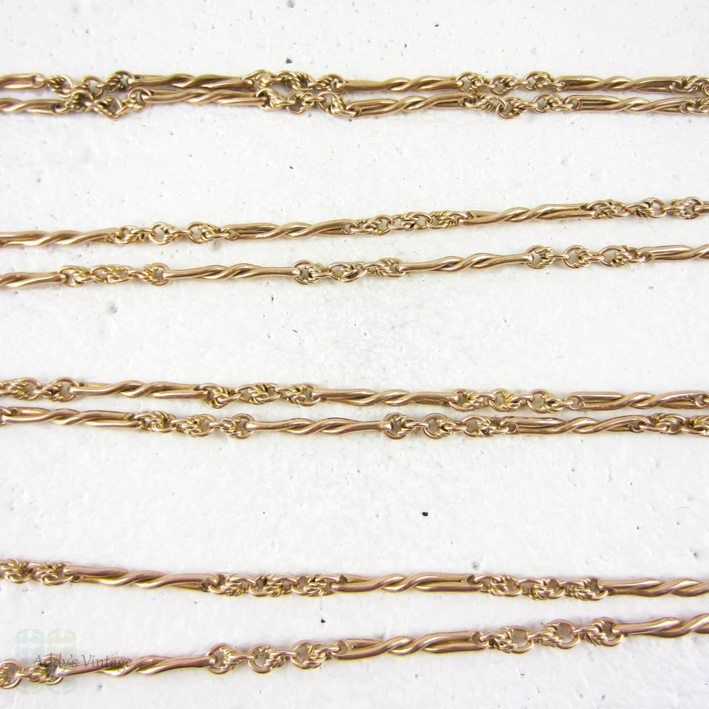 RESERVED. Antique Long Guard Chain, Fancy Twisted Link 9 Carat Rose Gold Chain Necklace, Circa 1900s. 144 cm / 56 inches, 25 grams.