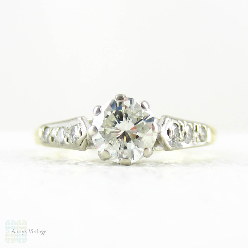 RESERVED.  Vintage Diamond Engagement Ring, Early Round Brilliant Cut Diamond in Classic Diamond Accented Yellow Gold Setting, Circa 1950s.