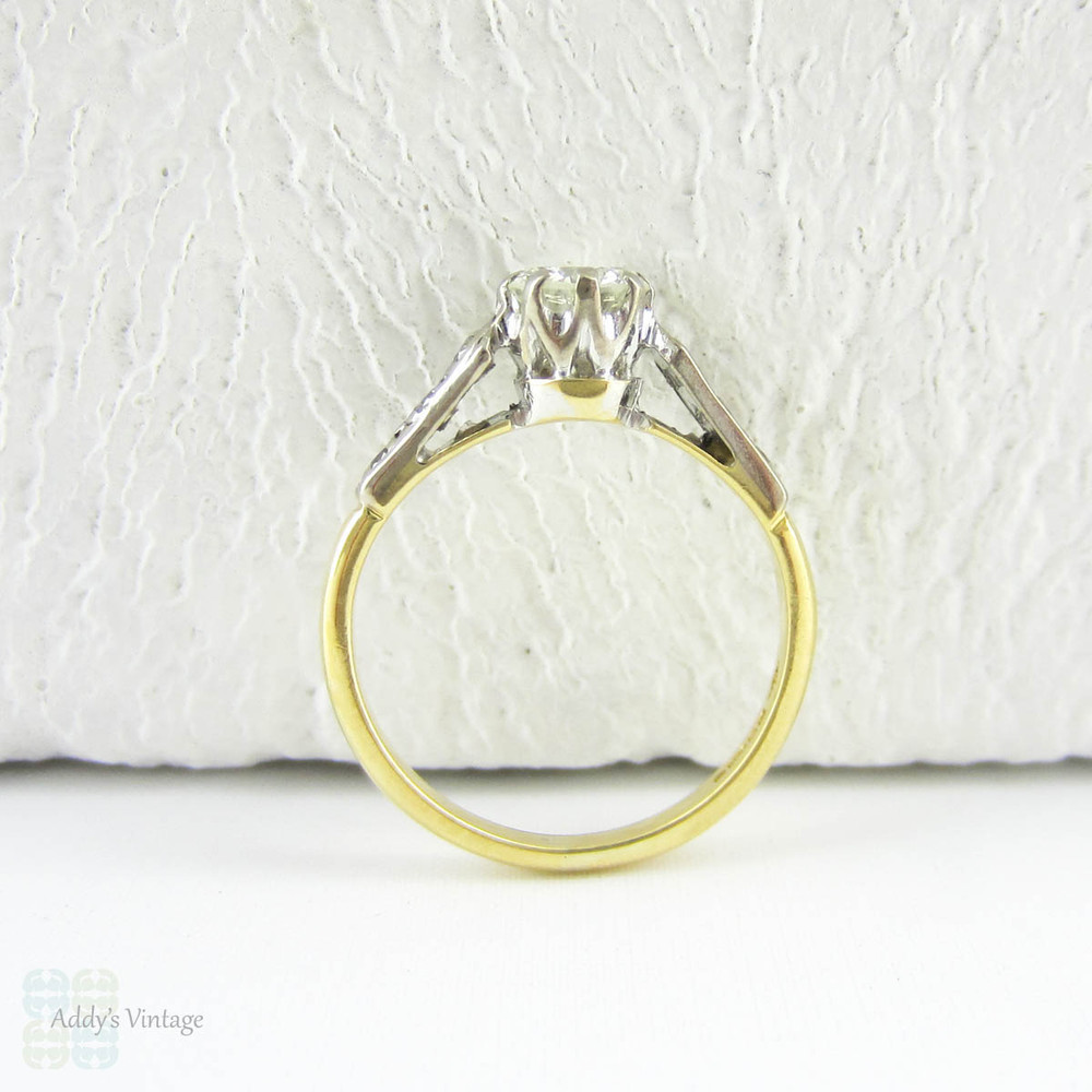 RESERVED.  Vintage Diamond Engagement Ring, Early Round Brilliant Cut Diamond in Classic Diamond Accented Yellow Gold Setting, Circa 1950s.