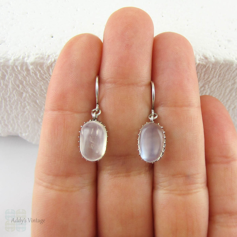 Vintage Moonstone Drop Earrings, Clear Silvery Moonstone Cabochon