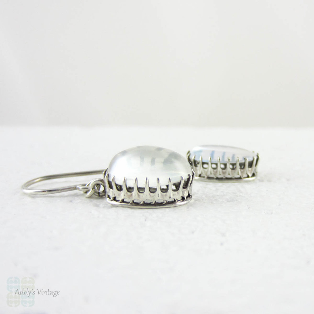 Vintage Moonstone Drop Earrings, Clear Silvery Moonstone Cabochon Dangle Earrings in Sterling Silver.