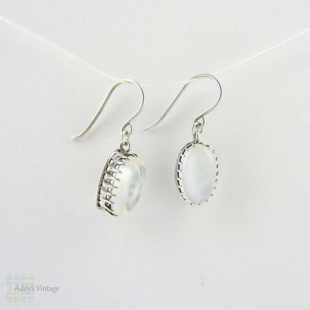 Vintage Moonstone Drop Earrings, Clear Silvery Moonstone Cabochon Dangle Earrings in Sterling Silver.