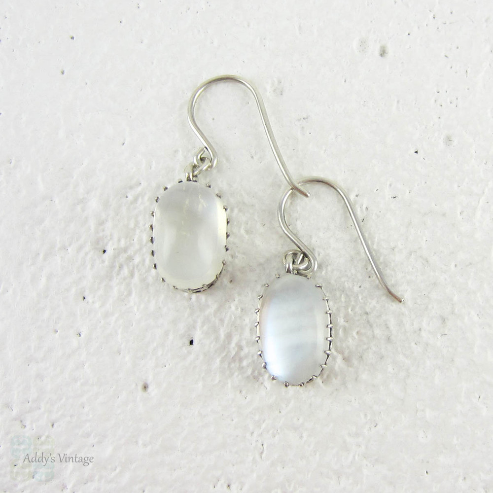 Vintage Moonstone Drop Earrings, Clear Silvery Moonstone Cabochon