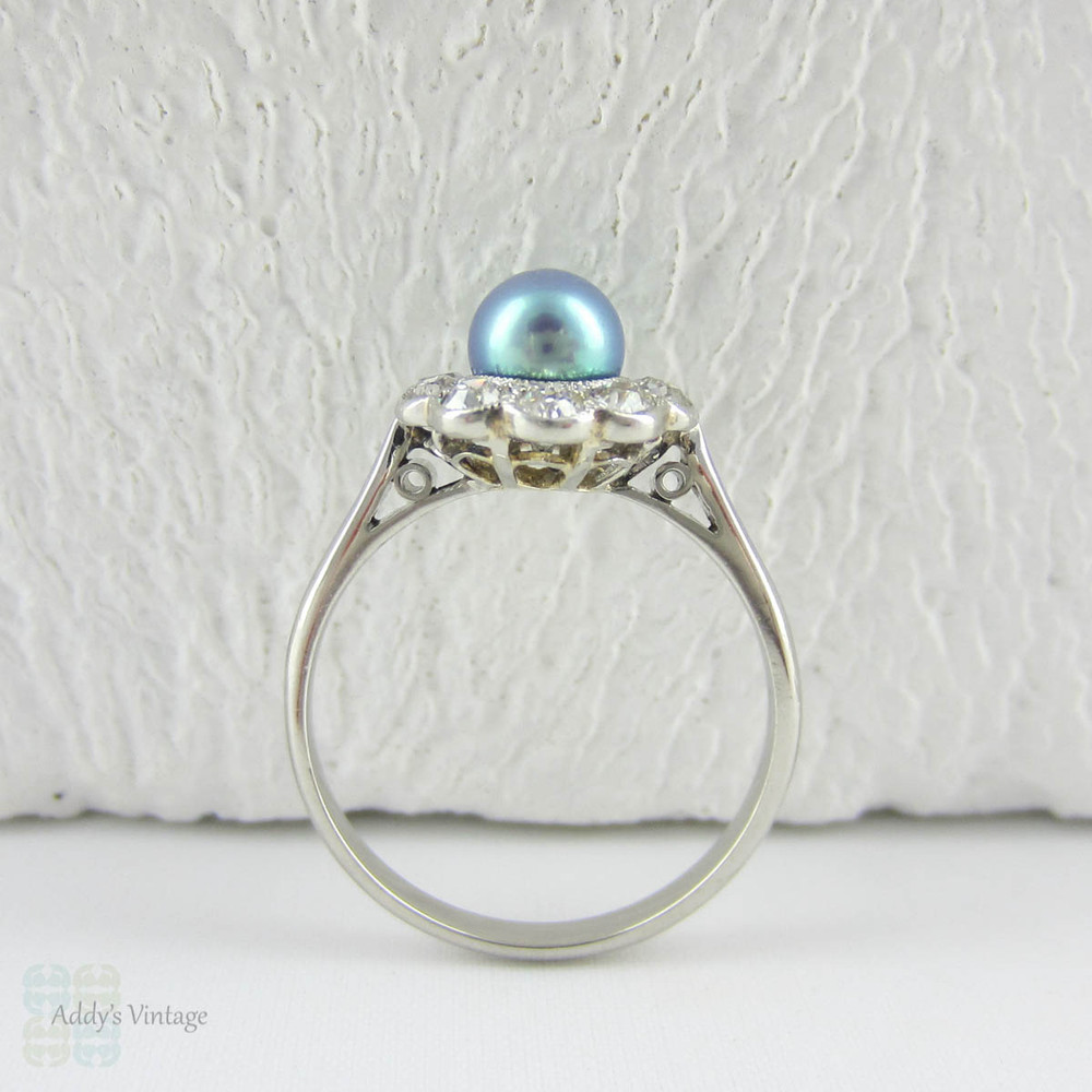 Antique Cultured Pearl Engagement Ring with Old Mine Cut Diamond Halo in Platinum, Edwardian and Diamond Cluster Ring, Circa 1900s.