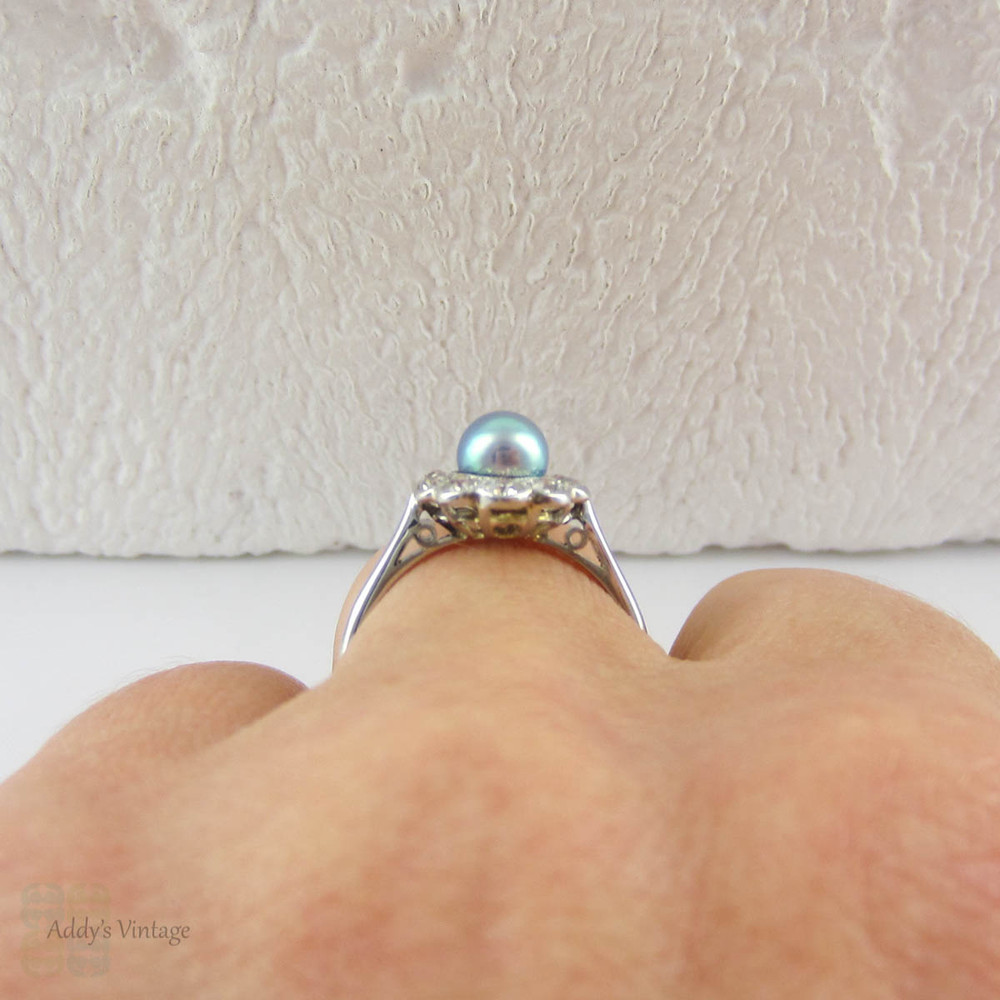 Antique Cultured Pearl Engagement Ring with Old Mine Cut Diamond Halo in Platinum, Edwardian and Diamond Cluster Ring, Circa 1900s.