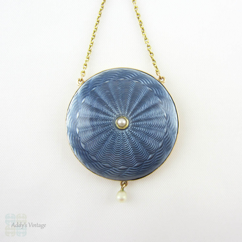 Antique Gold & Enamel Locket. Light Blue Guilloché Enamel Drop Necklace with Seed Pearls in Original Box, Circa 1900s.