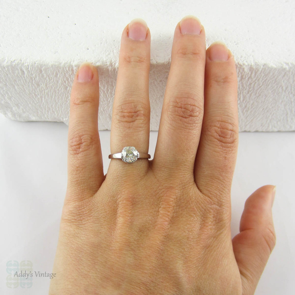 Old European Cut Diamond Solitaire Engagement Ring. Platinum Single Stone Engagement Ring in Filigree Setting with Heart Detail.