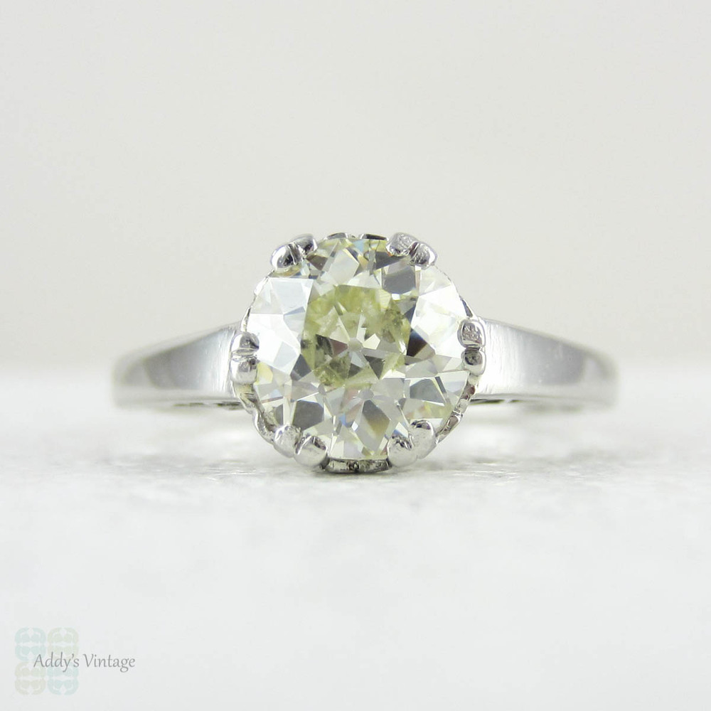 Old European Cut Diamond Solitaire Engagement Ring. Platinum Single Stone Engagement Ring in Filigree Setting with Heart Detail.