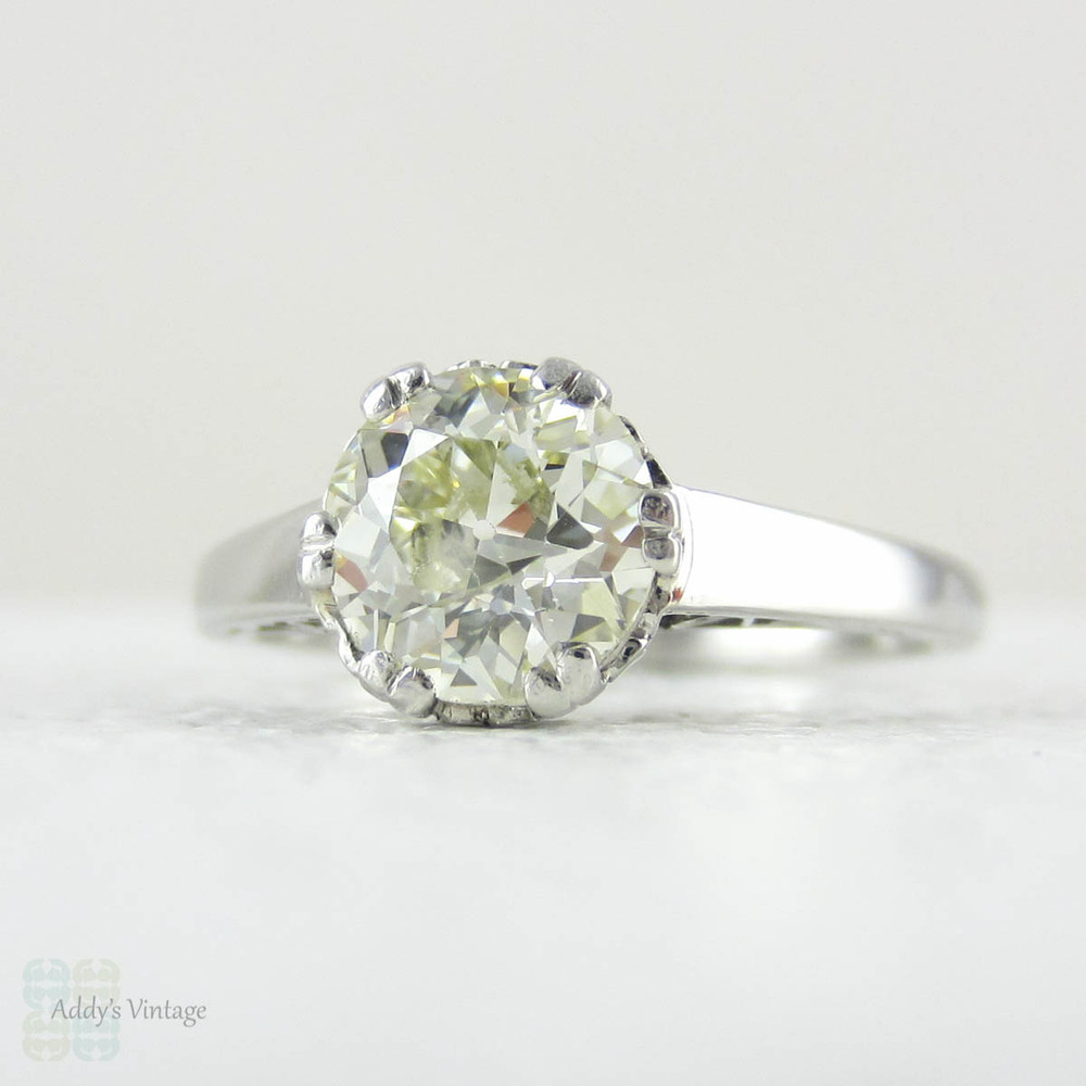 Old European Cut Diamond Solitaire Engagement Ring. Platinum Single Stone Engagement Ring in Filigree Setting with Heart Detail.