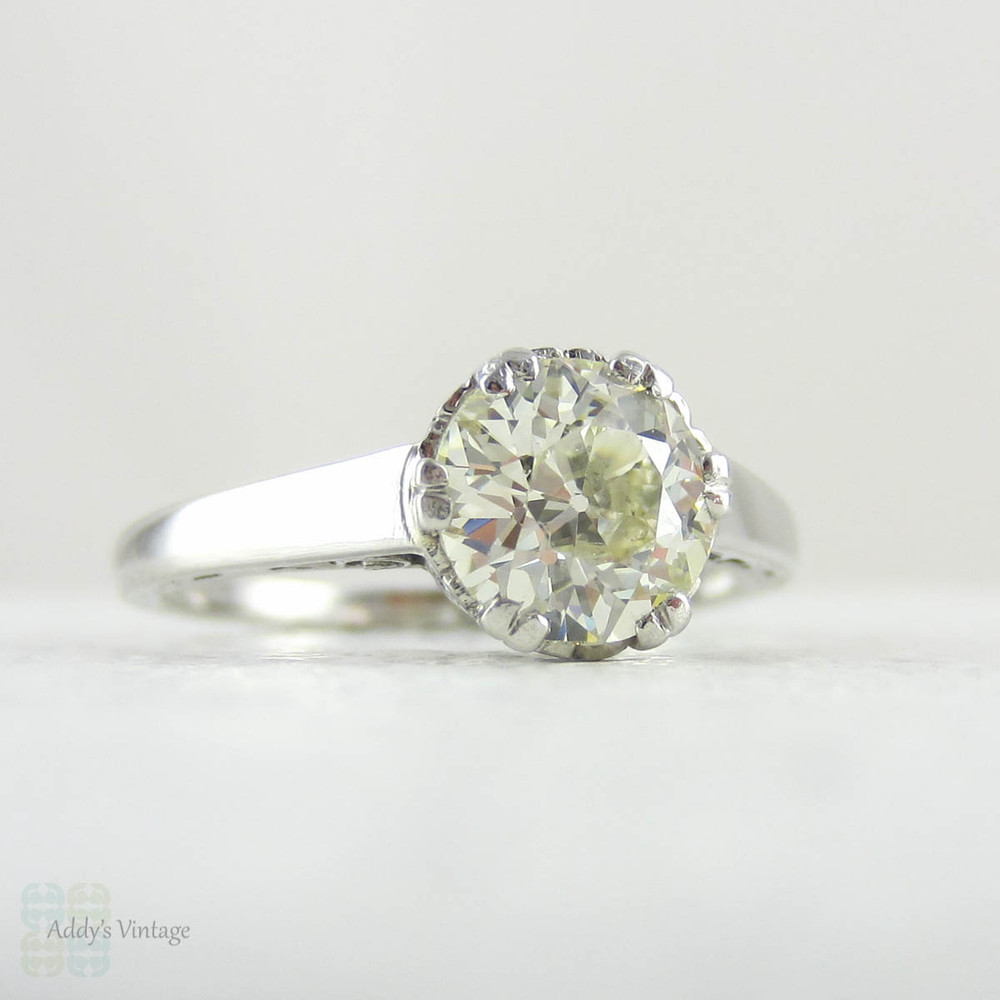 Old European Cut Diamond Solitaire Engagement Ring. Platinum Single Stone Engagement Ring in Filigree Setting with Heart Detail.