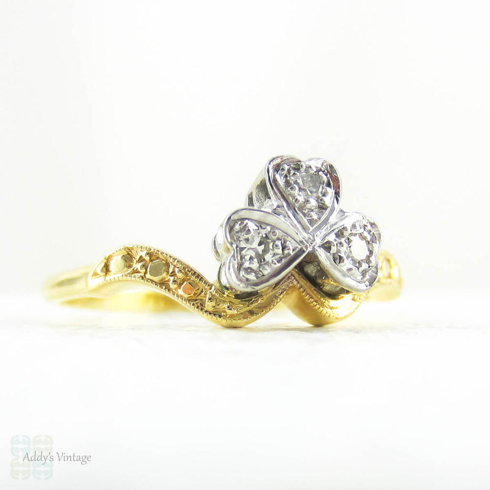 Antique Three Leaf Clover Ring, Lucky Shamrock Diamond Engagement Ring set with Diamonds in Platinum & 18 Carat Yellow Gold, Circa 1910s.