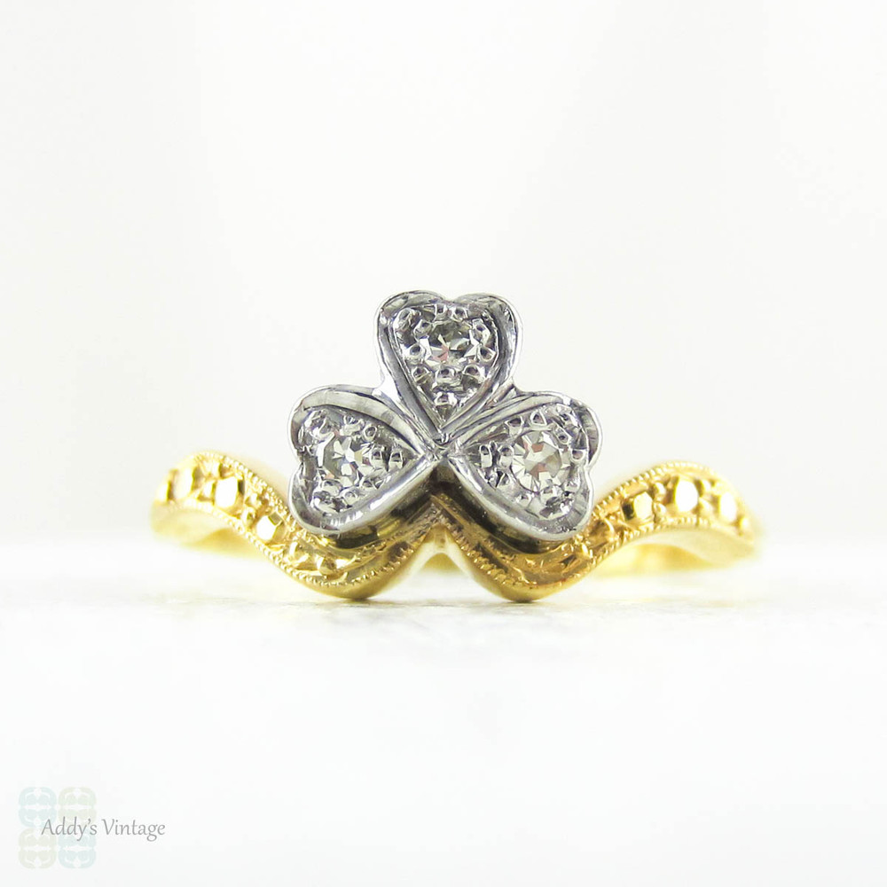 Antique Three Leaf Clover Ring, Lucky Shamrock Diamond Engagement Ring set with Diamonds in Platinum & 18 Carat Yellow Gold, Circa 1910s.