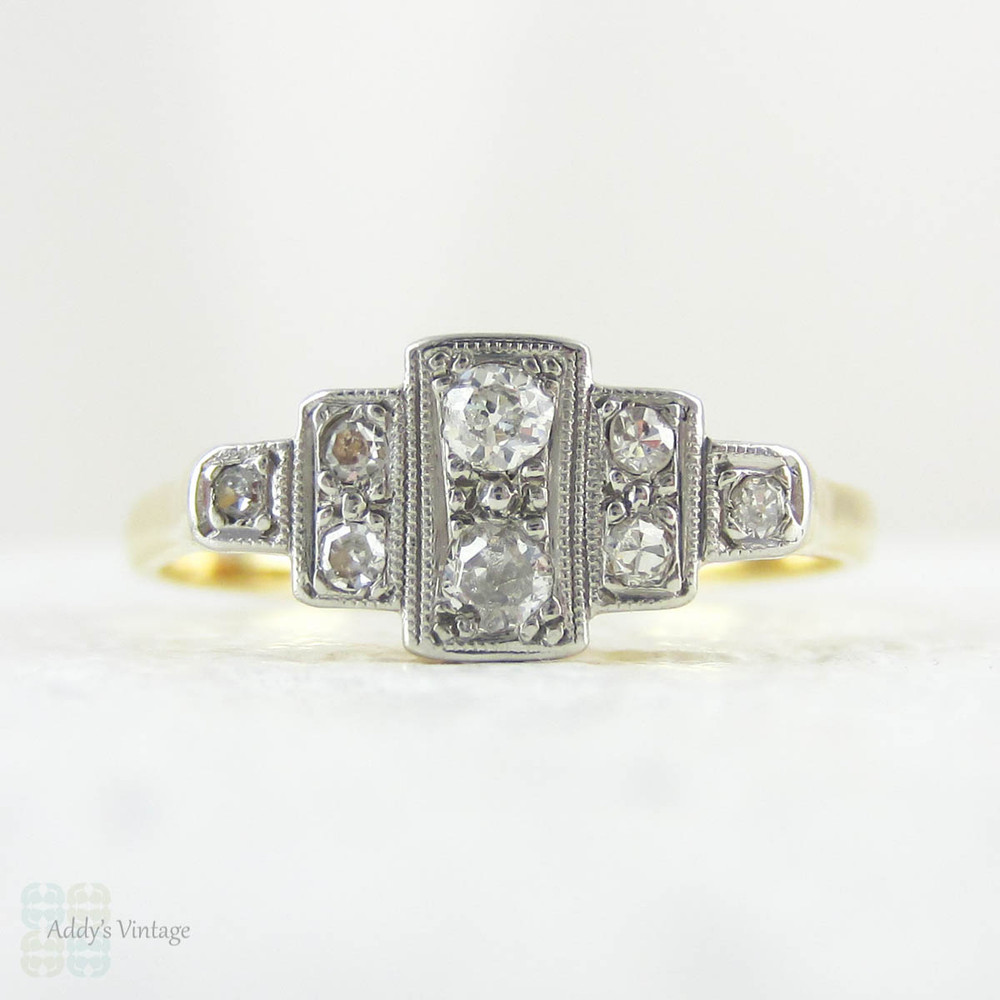 Art Deco Step Design Diamond Engagement Ring, Pave Set 1930s Geometric Shape Diamond Ring with Milgrain Beading in 18 Carat & Platinum.