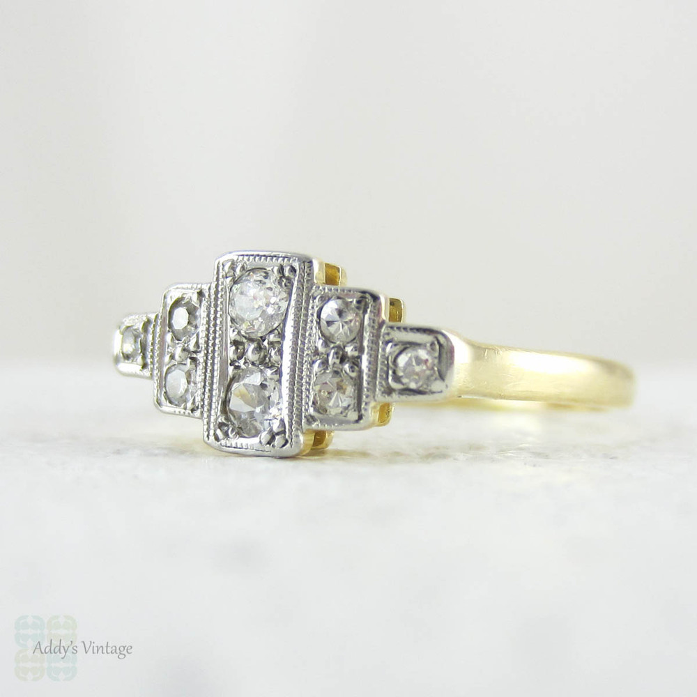 Art Deco Step Design Diamond Engagement Ring, Pave Set 1930s Geometric Shape Diamond Ring with Milgrain Beading in 18 Carat & Platinum.