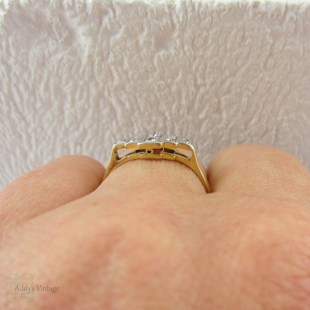 Art Deco Step Design Diamond Engagement Ring, Pave Set 1930s Geometric Shape Diamond Ring with Milgrain Beading in 18 Carat & Platinum.