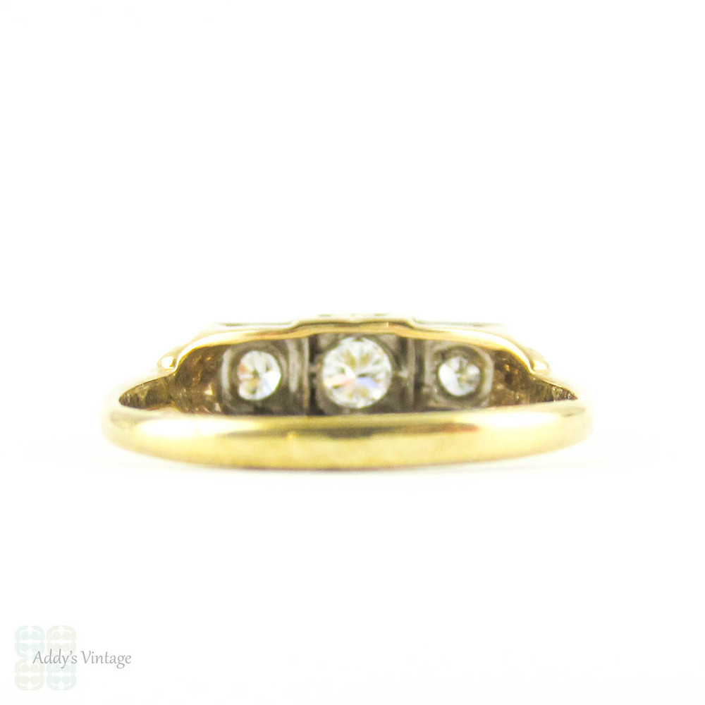 1940s Diamond Engagement Ring, Three Round Brilliant Diamonds in Square Shape Two Tone 18 Carat Gold Setting with Milgrain.