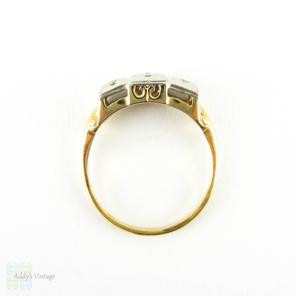 1940s Diamond Engagement Ring, Three Round Brilliant Diamonds in Square Shape Two Tone 18 Carat Gold Setting with Milgrain.