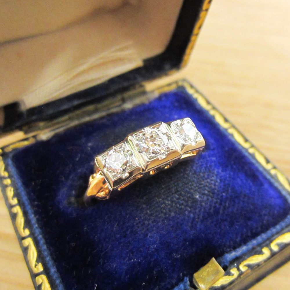 1940s Diamond Engagement Ring, Three Round Brilliant Diamonds in Square Shape Two Tone 18 Carat Gold Setting with Milgrain.