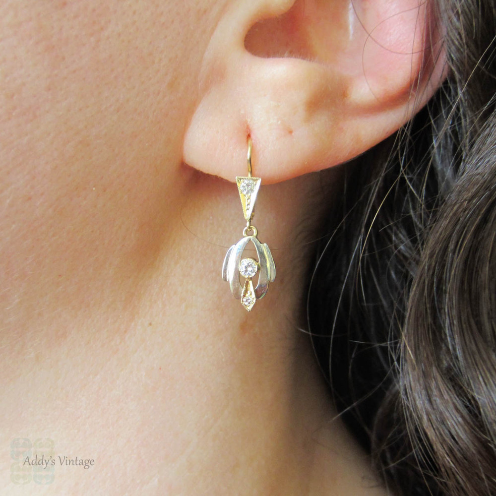 French Art Deco Diamond Earrings. Vintage Dangle Earrings in Two Tone 18 Carat Gold, Circa 1930s Drop Earrings.