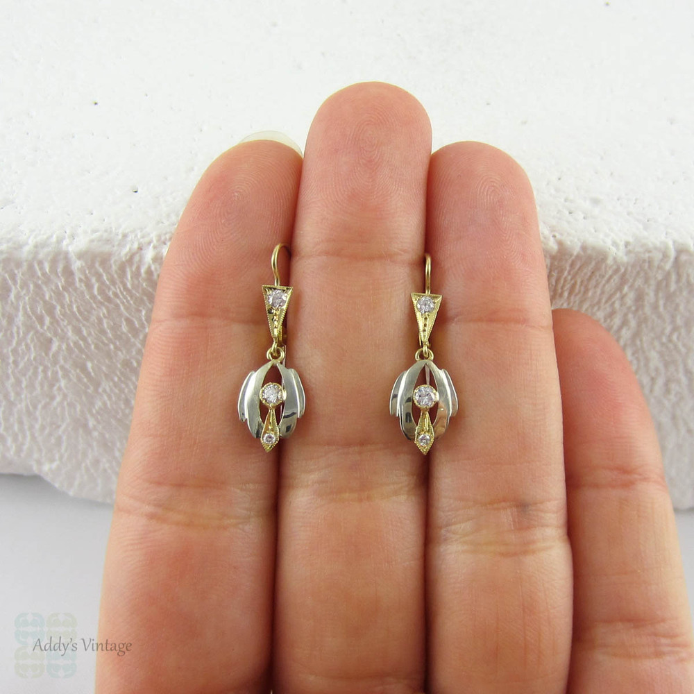 French Art Deco Diamond Earrings. Vintage Dangle Earrings in Two Tone 18 Carat Gold, Circa 1930s Drop Earrings.