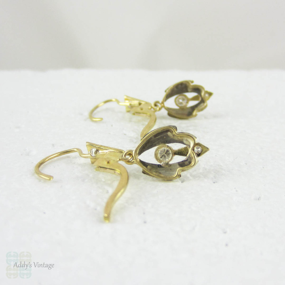 French Art Deco Diamond Earrings. Vintage Dangle Earrings in Two Tone 18 Carat Gold, Circa 1930s Drop Earrings.