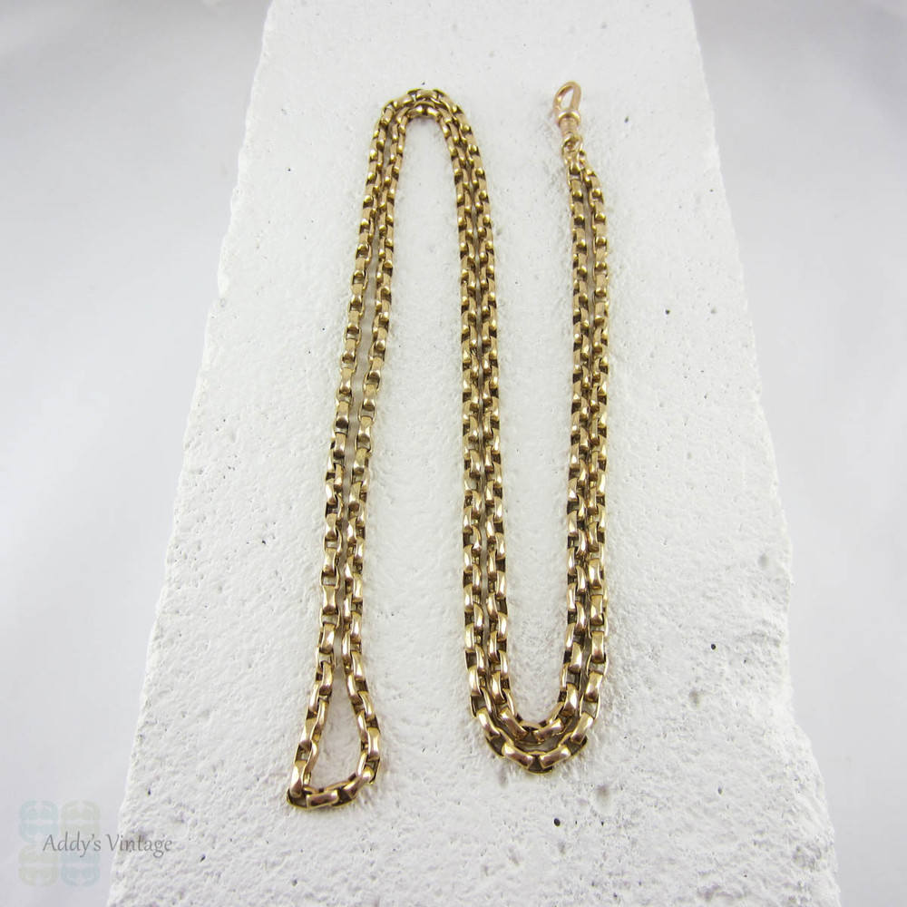 Victorian 9 Carat Gold Guard Chain, Belcher Link Antique Long Gold Chain with Dog Clip for Watch or Fob. 80 cm / 31.5 inches, 20.3 grams.