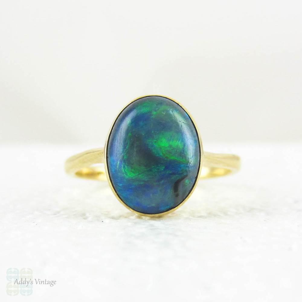 Art Nouveau Opal Doublet Ring, Black Opal Cabochon Bezel Set 18 Carat ...
