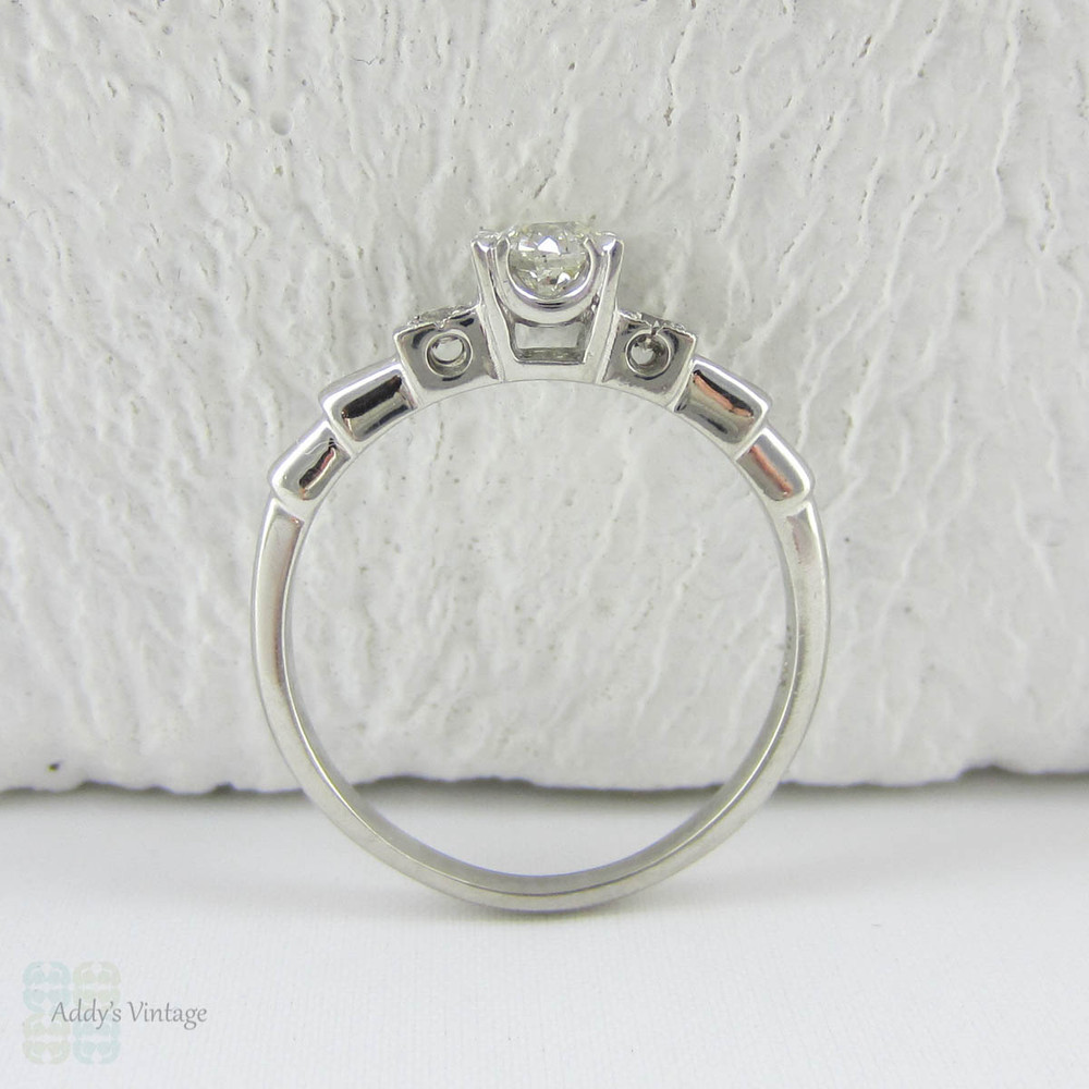 Balance - Vintage Old Mine Cut Diamond Engagement Ring in Platinum. Three Stone Antique Diamond Ring in Fishtail Style Stepped Setting, Circa 1930s.