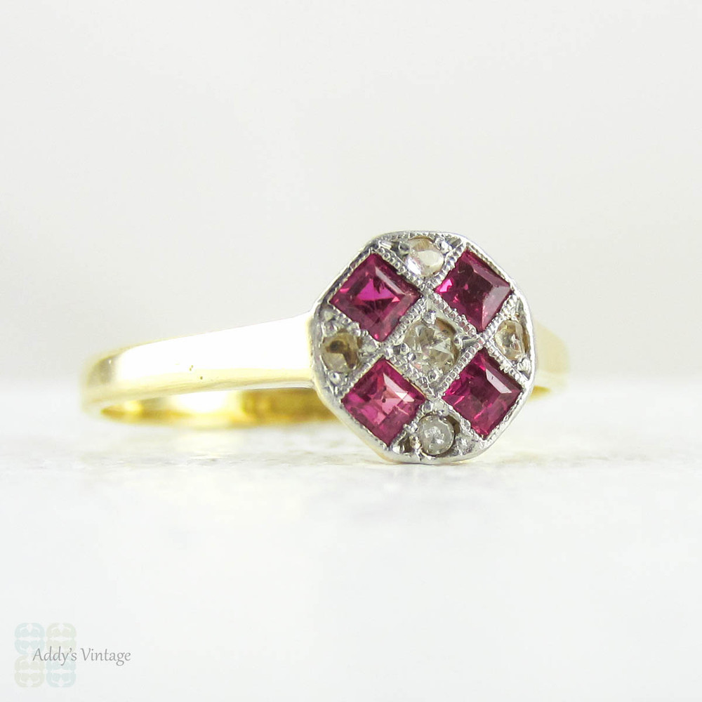 Vintage Ruby & Diamond Engagement Ring, Square Cut Pinkish-Red Rubies ...