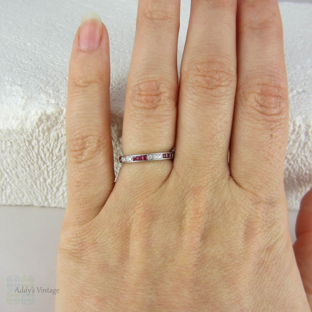 Art Deco Ruby & Diamond Eternity Ring. Vintage Platinum Diamond Wedding