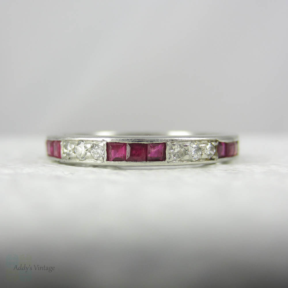 Art Deco Ruby & Diamond Eternity Ring. Vintage Platinum Diamond Wedding Band, Circa 1920s.