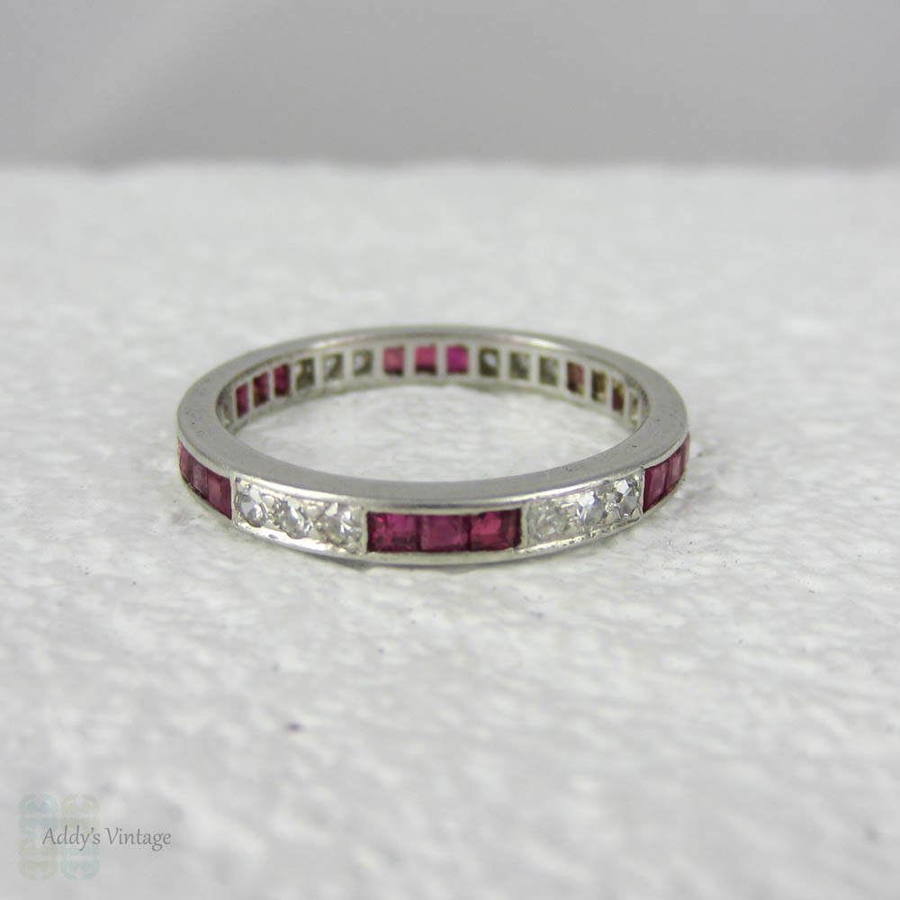 Art Deco Ruby & Diamond Eternity Ring. Vintage Platinum Diamond Wedding