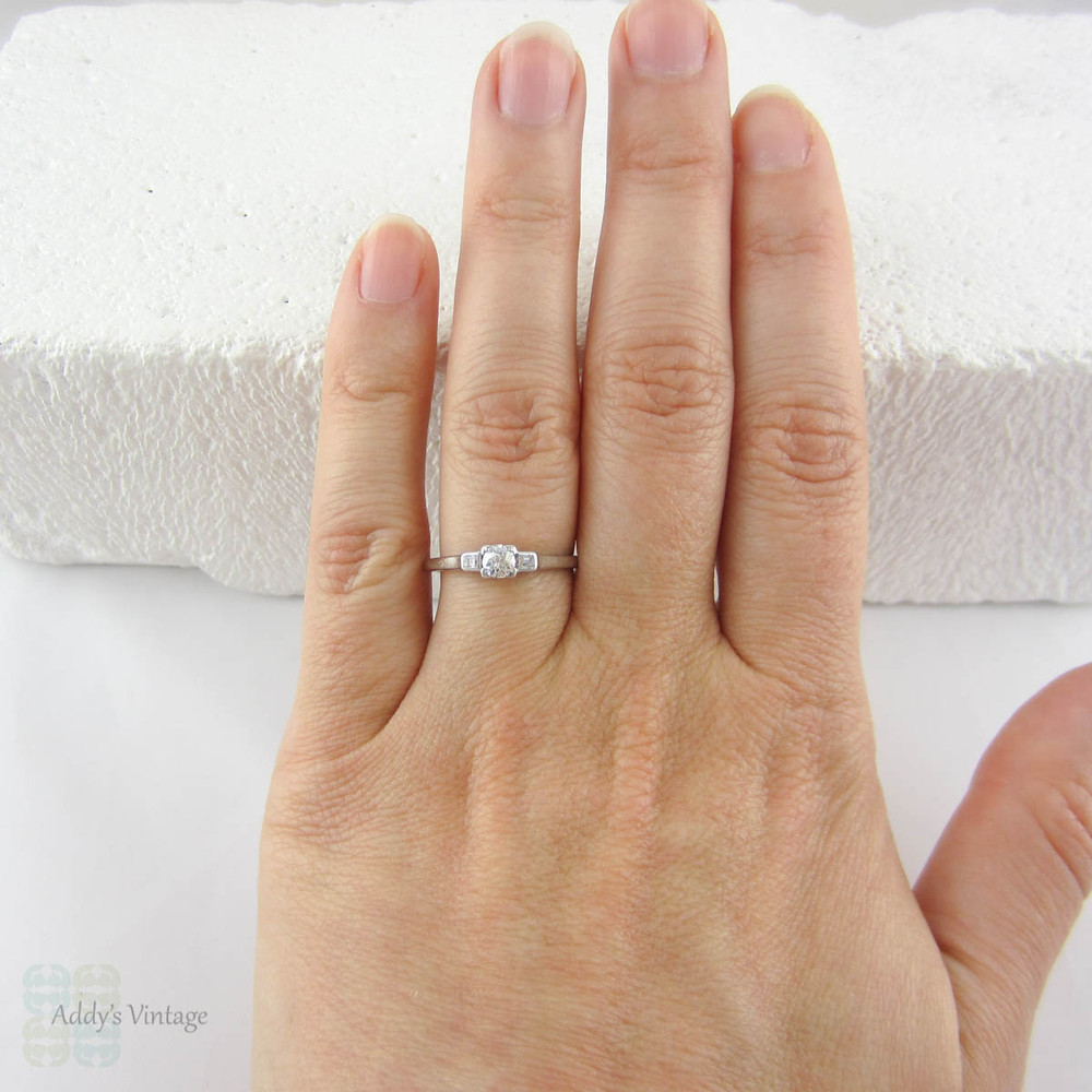 Old European Cut Diamond Engagement Ring with Straight Baguette Cut Accent Diamonds in Platinum, Circa 1930s Three Stone Diamond Ring.
