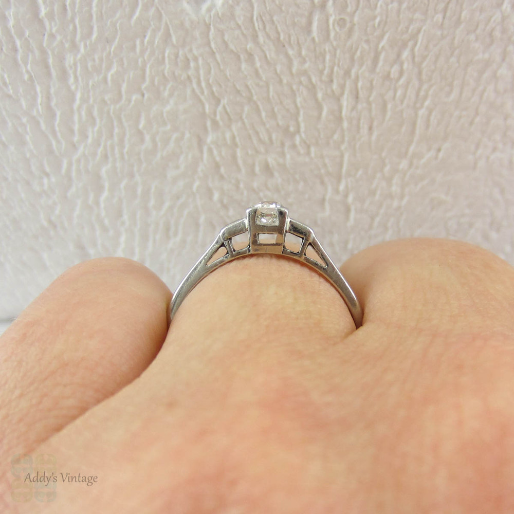 Old European Cut Diamond Engagement Ring with Straight Baguette Cut Accent Diamonds in Platinum, Circa 1930s Three Stone Diamond Ring.