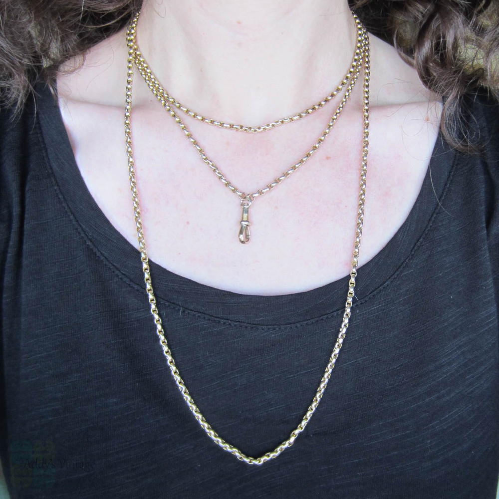 Antique 9 Carat Long Guard Chain, Faceted Belcher Link Yellow Gold Chain Necklace. 155 cm / 61 inches, Heavy 39.7 grams.