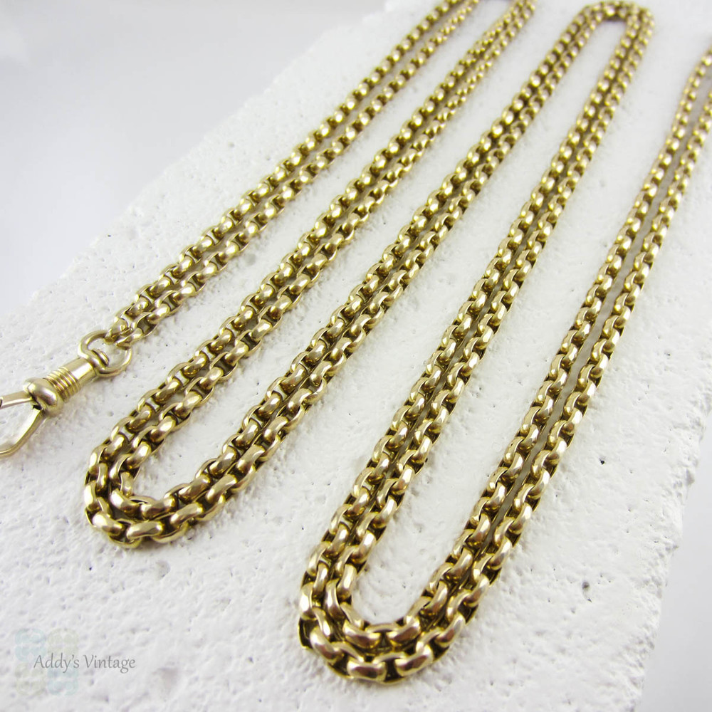 Antique 9 Carat Long Guard Chain, Faceted Belcher Link Yellow Gold Chain Necklace. 155 cm / 61 inches, Heavy 39.7 grams.