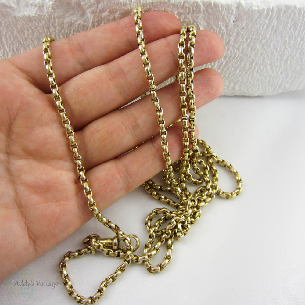 Antique 9 Carat Long Guard Chain, Faceted Belcher Link Yellow Gold Chain Necklace. 155 cm / 61 inches, Heavy 39.7 grams.