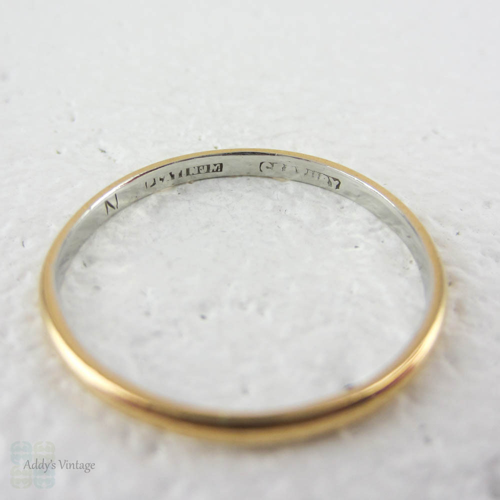 Antique Wedding Band in 22 Carat Gold & Platinum. Very Narrow D Profile Wedding Band, Marked Century, Circa 1900s.Size N / 6.75.