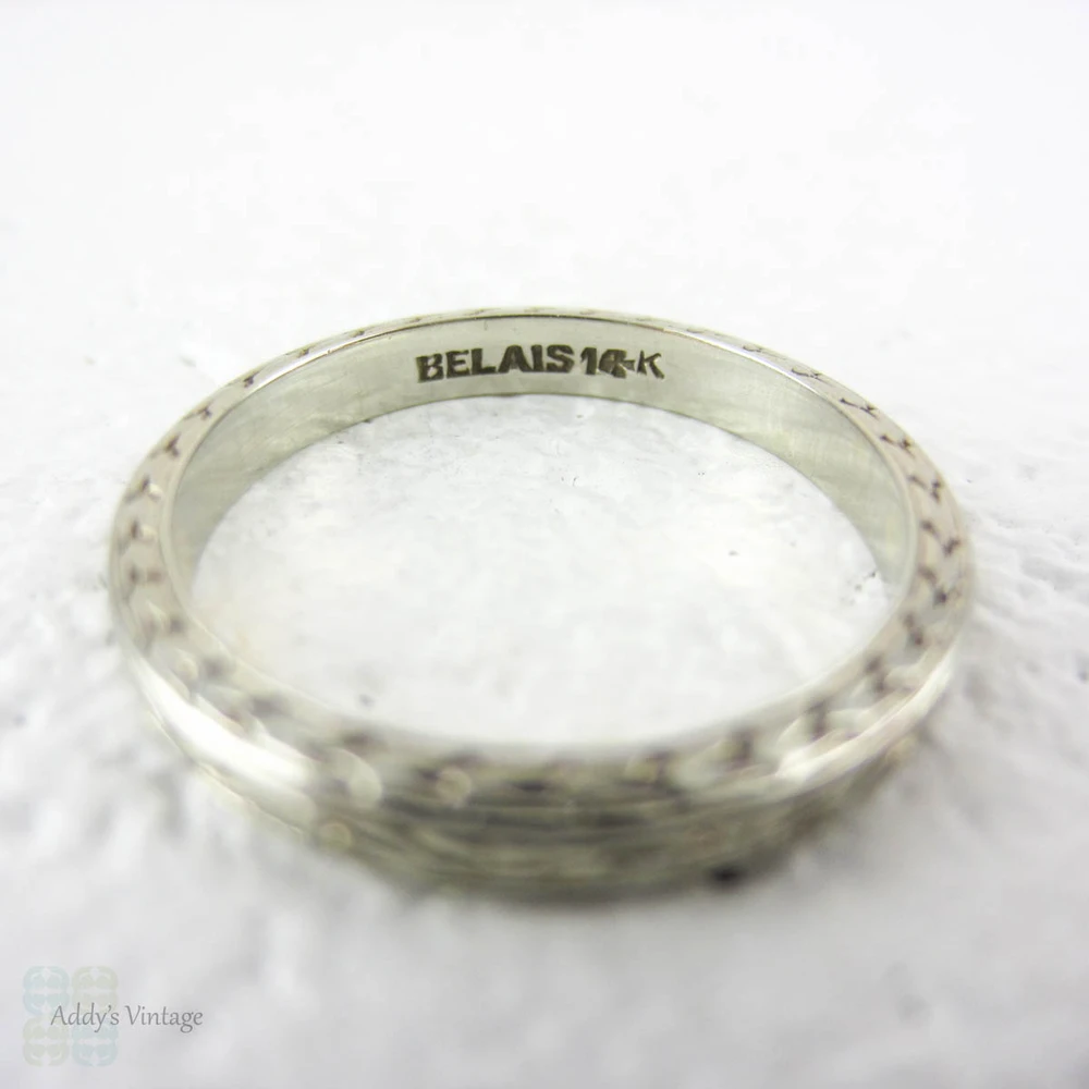 Engraved White Gold Wedding Ring by Belais. Vintage Art Deco Scroll Design Ring with Wheat Engraving on Sides, Circa 1930s. Size I / 4.3.
