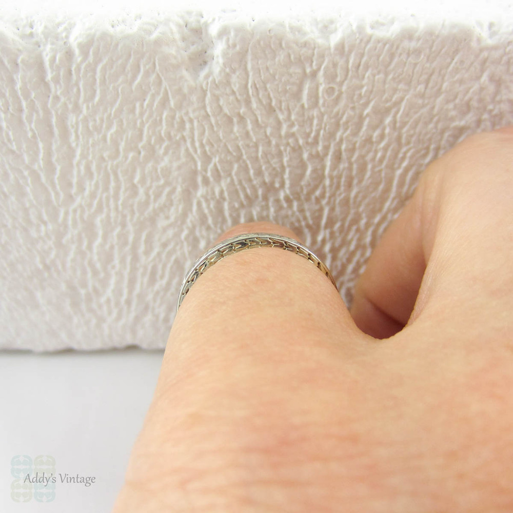 Engraved White Gold Wedding Ring by Belais. Vintage Art Deco Scroll Design Ring with Wheat Engraving on Sides, Circa 1930s. Size I / 4.3.