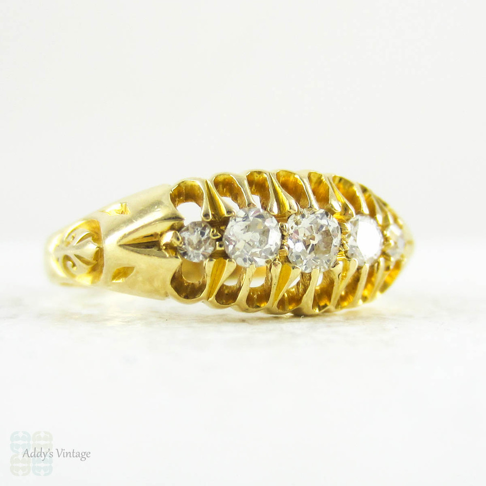 Antique 5 Stone Diamond Ring, Old Mine Cut Diamonds Set in 18 Carat Yellow Gold Engraved Gypsy Style Setting, Dated 1908.