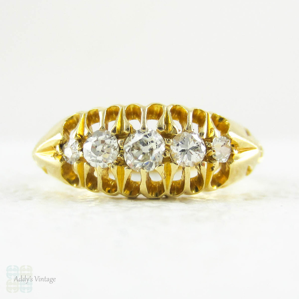 Antique 5 Stone Diamond Ring, Old Mine Cut Diamonds Set in 18 Carat Yellow Gold Engraved Gypsy Style Setting, Dated 1908.