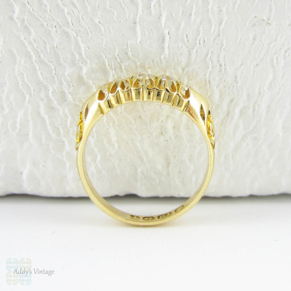 Antique 5 Stone Diamond Ring, Old Mine Cut Diamonds Set in 18 Carat Yellow Gold Engraved Gypsy Style Setting, Dated 1908.